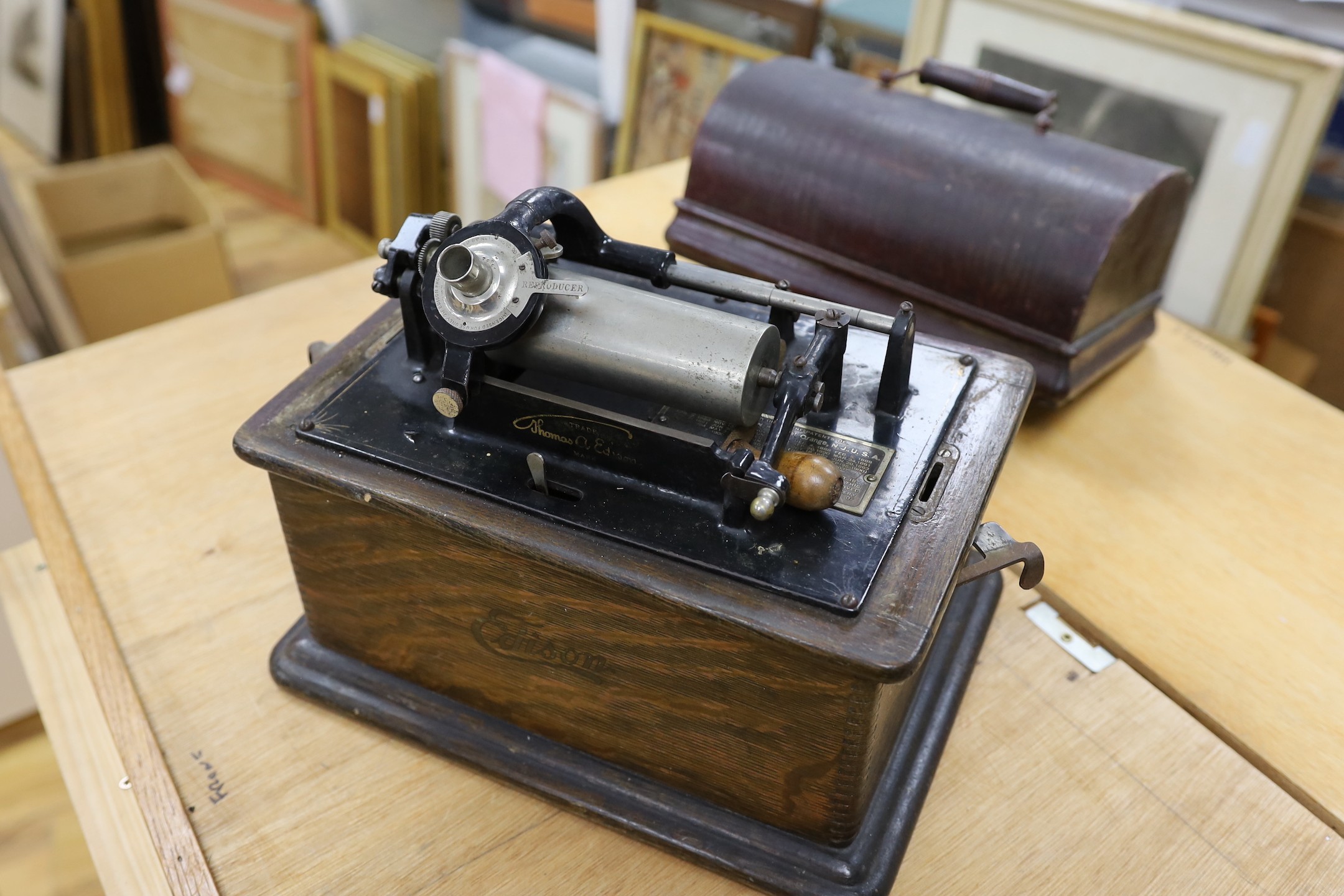 A cased Thomas Edison phonograph (horn missing)